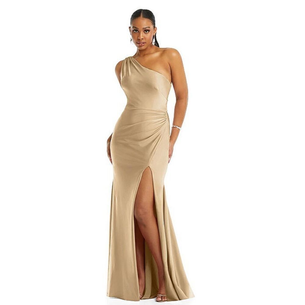 Cynthia & Sahar Luxe Stretch Satin one shoulder gown with asymmetrical cowl back